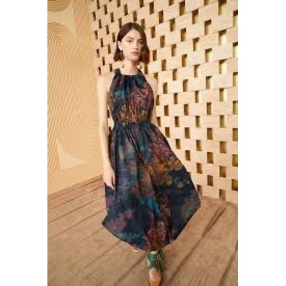 Ulla Johnson Leyna Gathered Printed Taffeta Midi Dress Floral Open Back Size 6